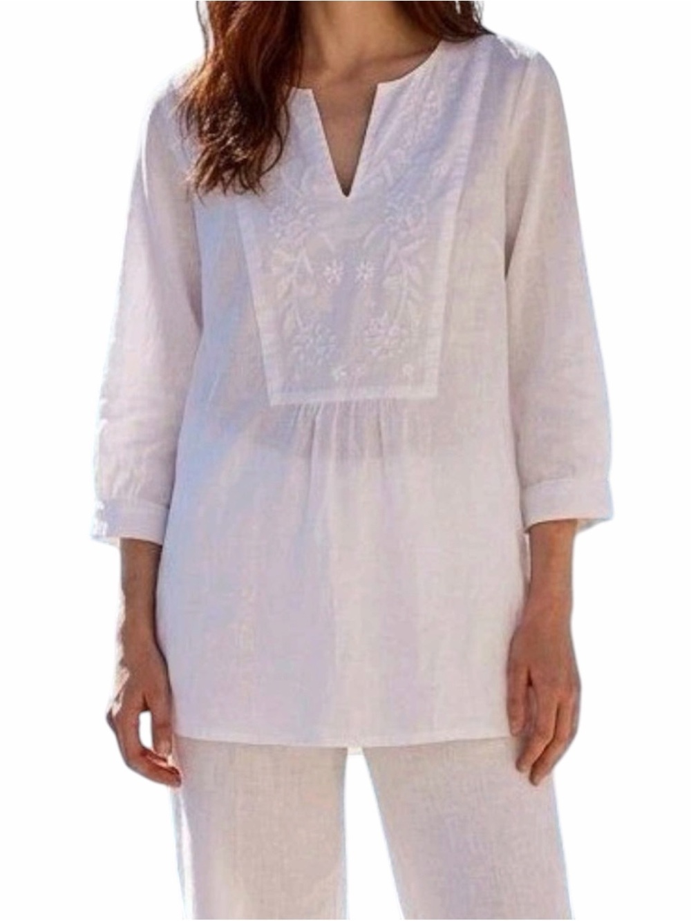 J Jill Tunic Top Womens M White 100% Linen Embroidered Bib Split Neck Minimalist